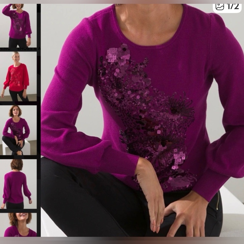 Chico's Wine Long Sleeve Sequin Floral Sweatshirt